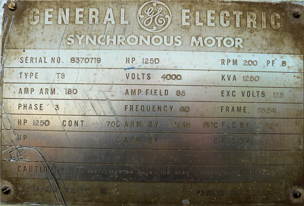 General Electric 1250 Hp Synchronous Motor, 200 Rpm)